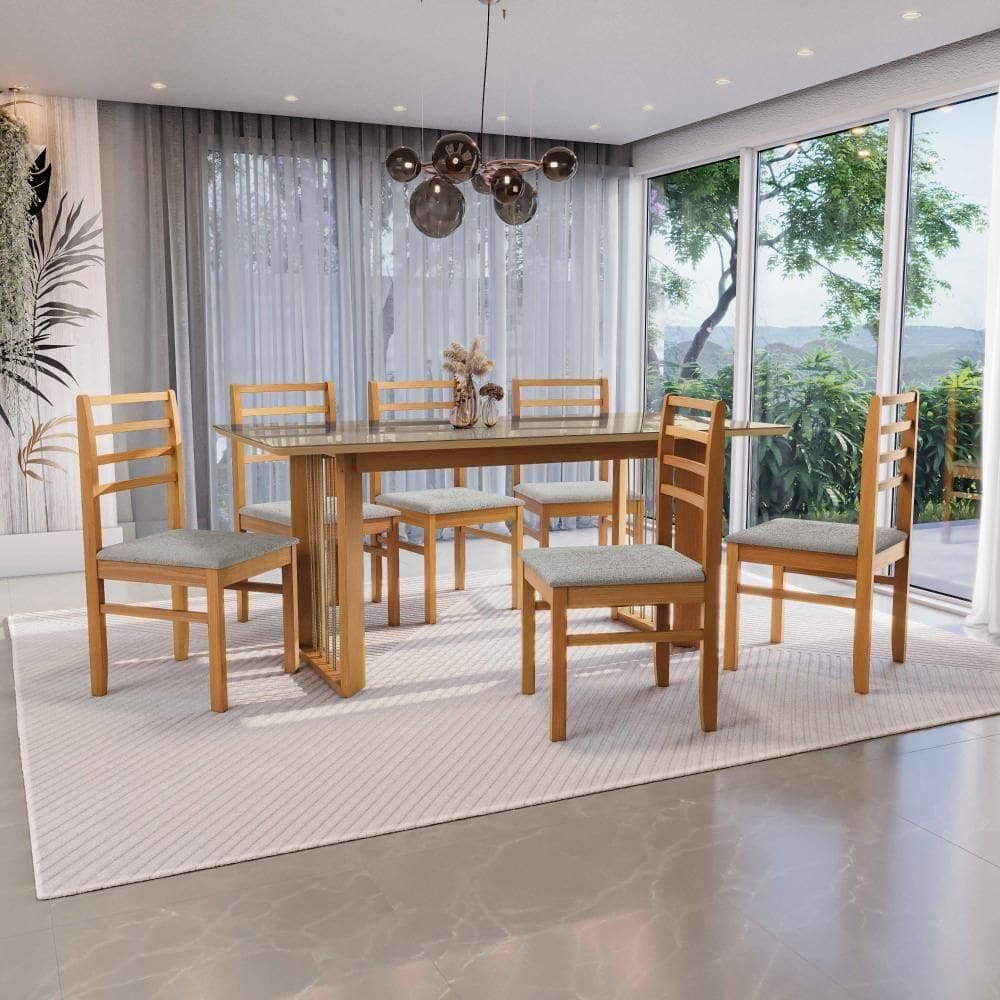 Conjunto Sala De Jantar Elisa Em Madeira Maciça 6 Cadeiras Boucle Cinza