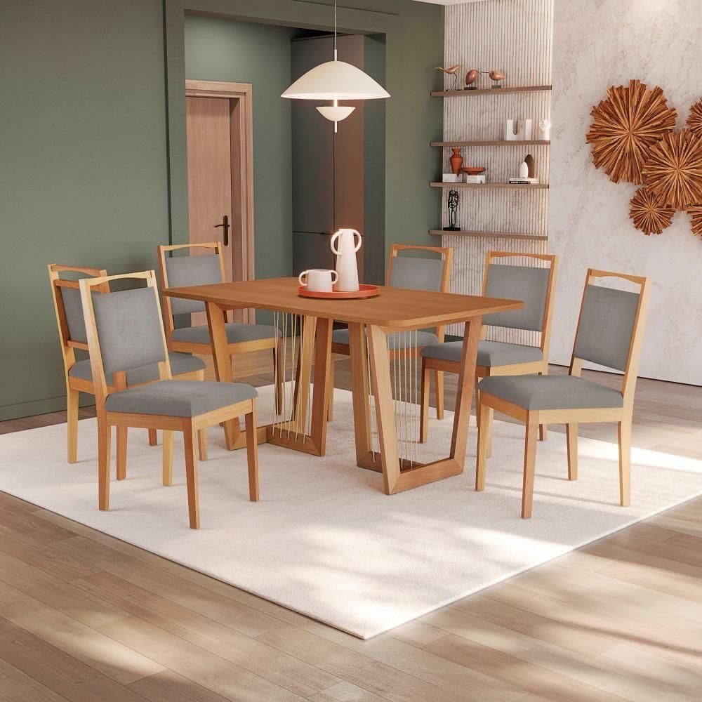 Conjunto Sala De Jantar Lina Em Madeira Maciça 6 Cadeiras Boucle Cinza