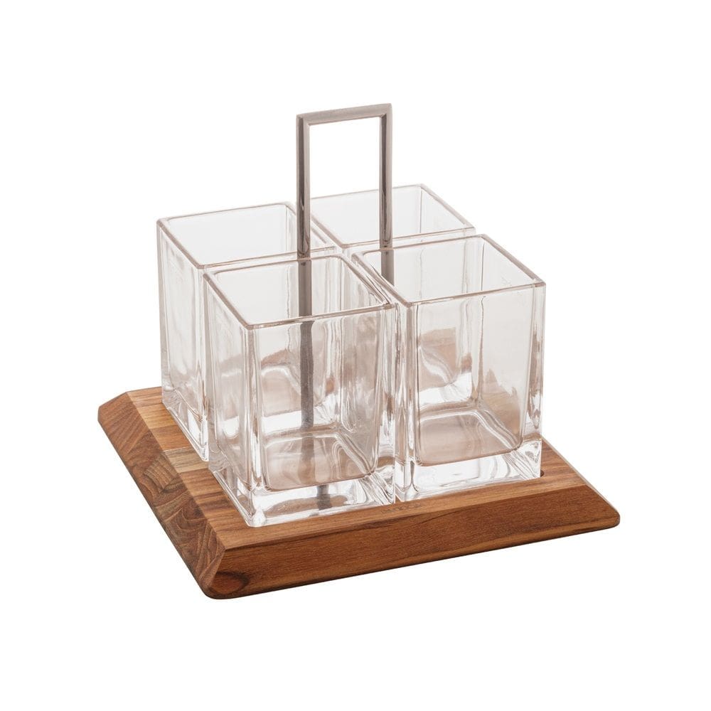 Porta Talheres de Cristal C/4 Divisórias e Base de Madeira Teca 24x22cm Wolff