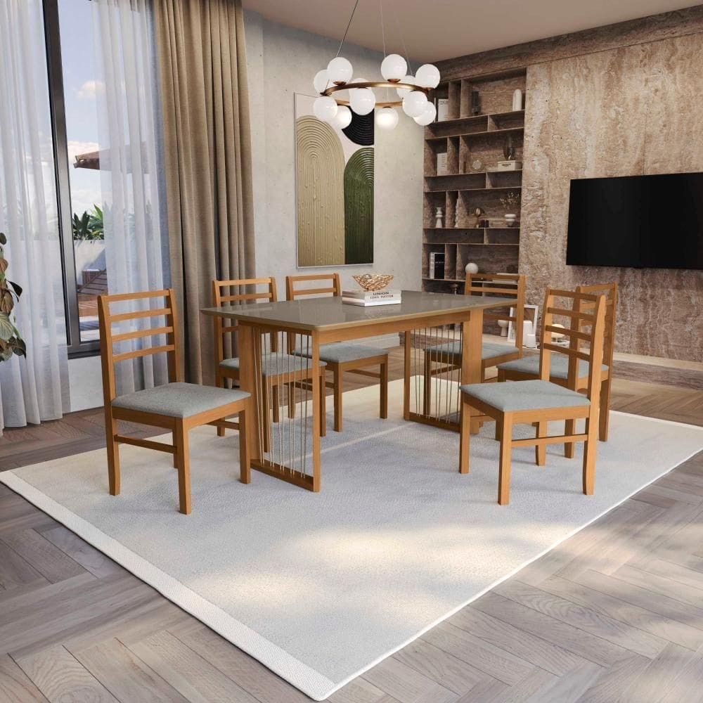 Conjunto Sala De Jantar Elisa Em Madeira Maciça 6 Cadeiras Boucle Cinza