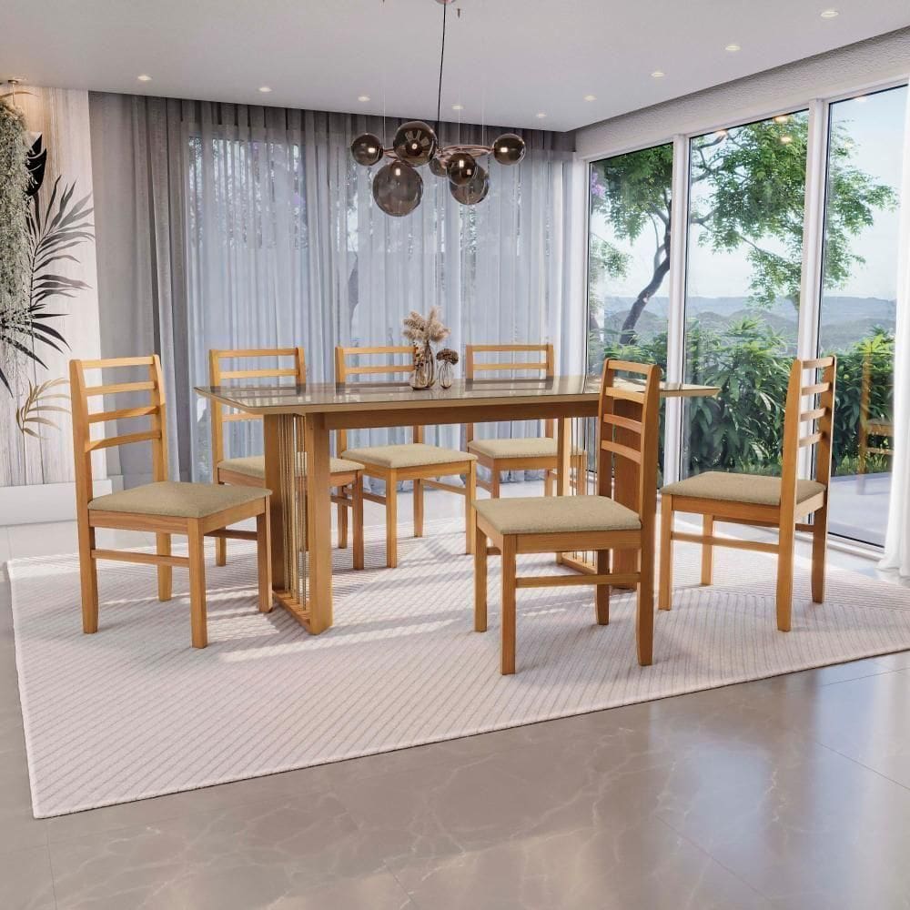Conjunto Sala De Jantar Elisa Em Madeira Maciça 6 Cadeiras Boucle Bege