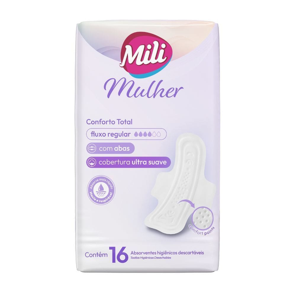 Absorvente Mili Mulher Noturno Conforto Total com Abas 16 Absorventes