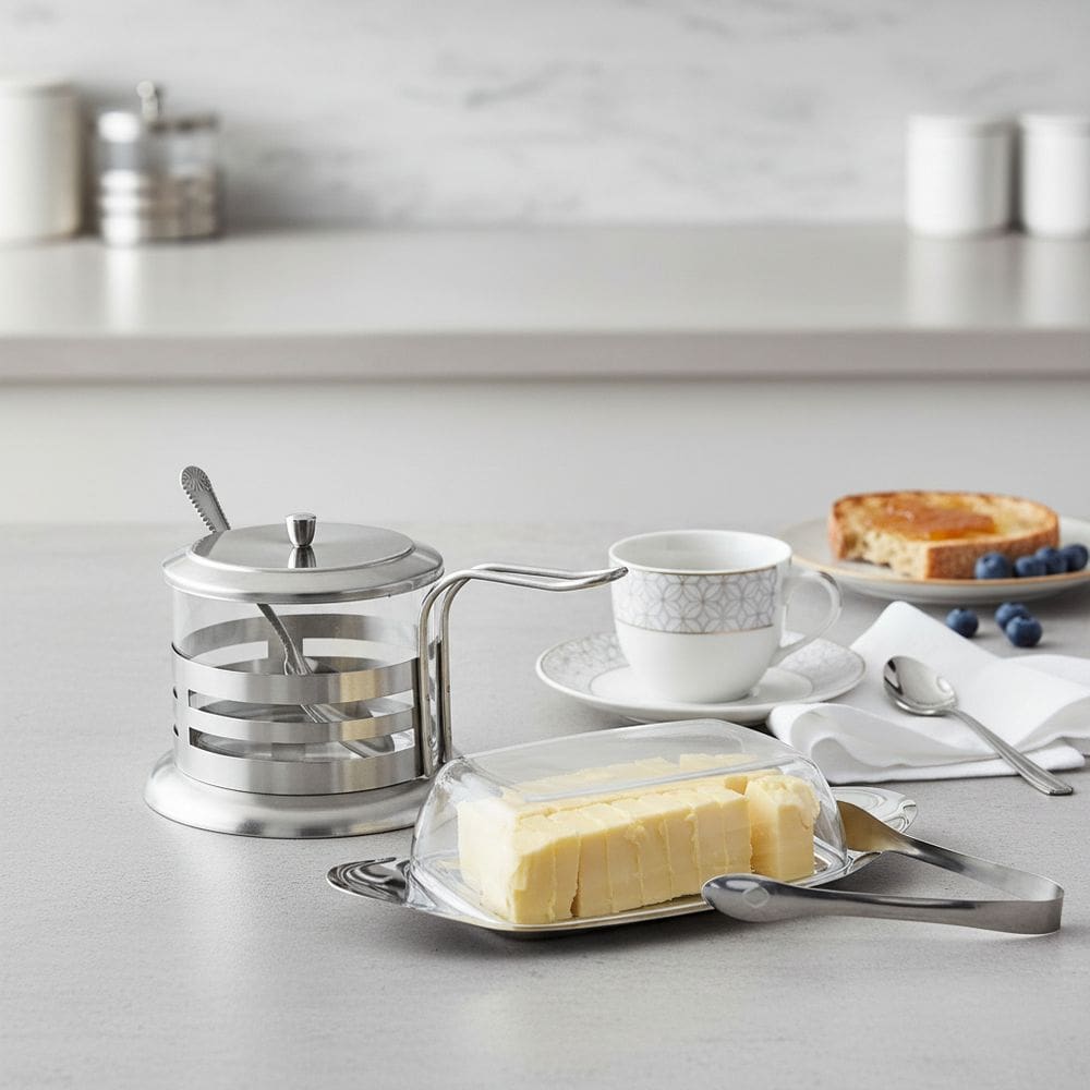 Kit Café da Manhã com Açucareiro de Vidro e Colher de Servir + Manteigueira de Inox c/ Tampa e Pegador