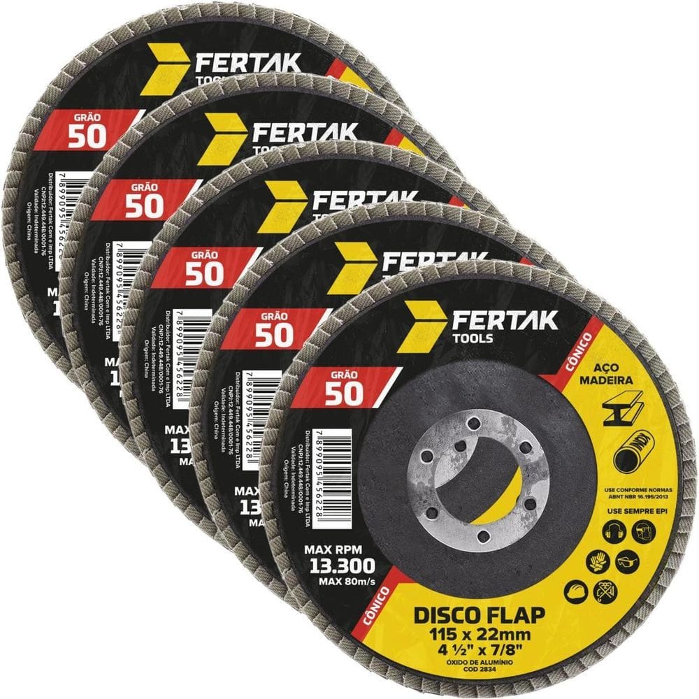 Disco Flap Cônico 115Mm Grão 50 Madeira Aço Desbaste 05 Un