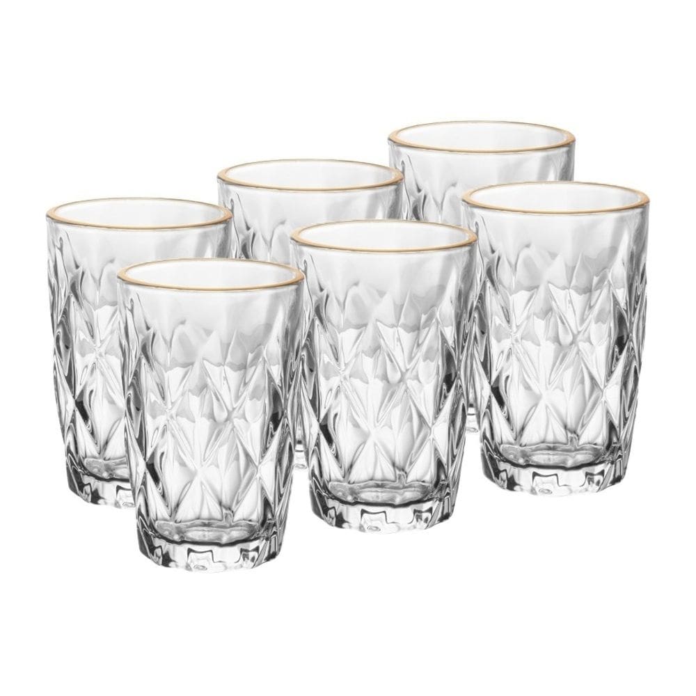 Cj 6 Copos Altos de Vidro Diamond Transparente C/Fio de Ouro 390ml Lyor
