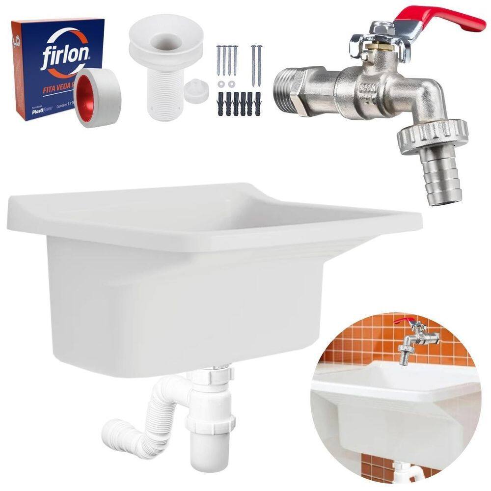 Tanque Plástico 34L + Torneira + Sifão Sanfonado+ Veda Rosca