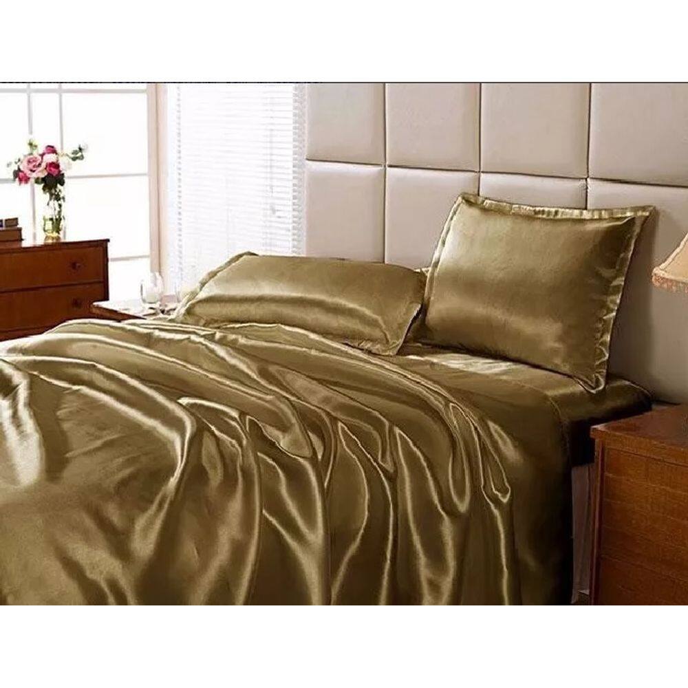 Jogo Lençol Casal Padrão Cetim Seda Cobre C/ Vira 4 Peças