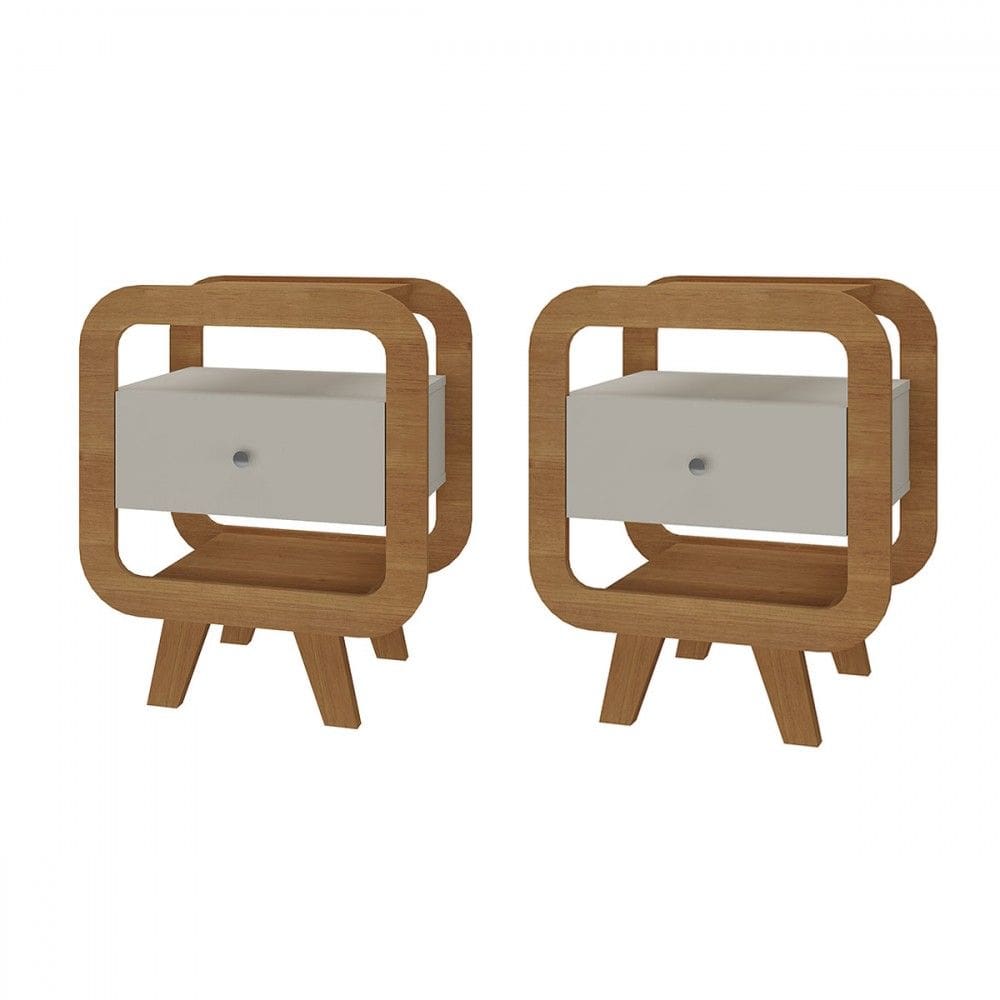 Conjunto Mesas de Cabeceira Theo 2 Gavetas com Porta Usb e C Cinamomo/Off White - Pnr Móveis