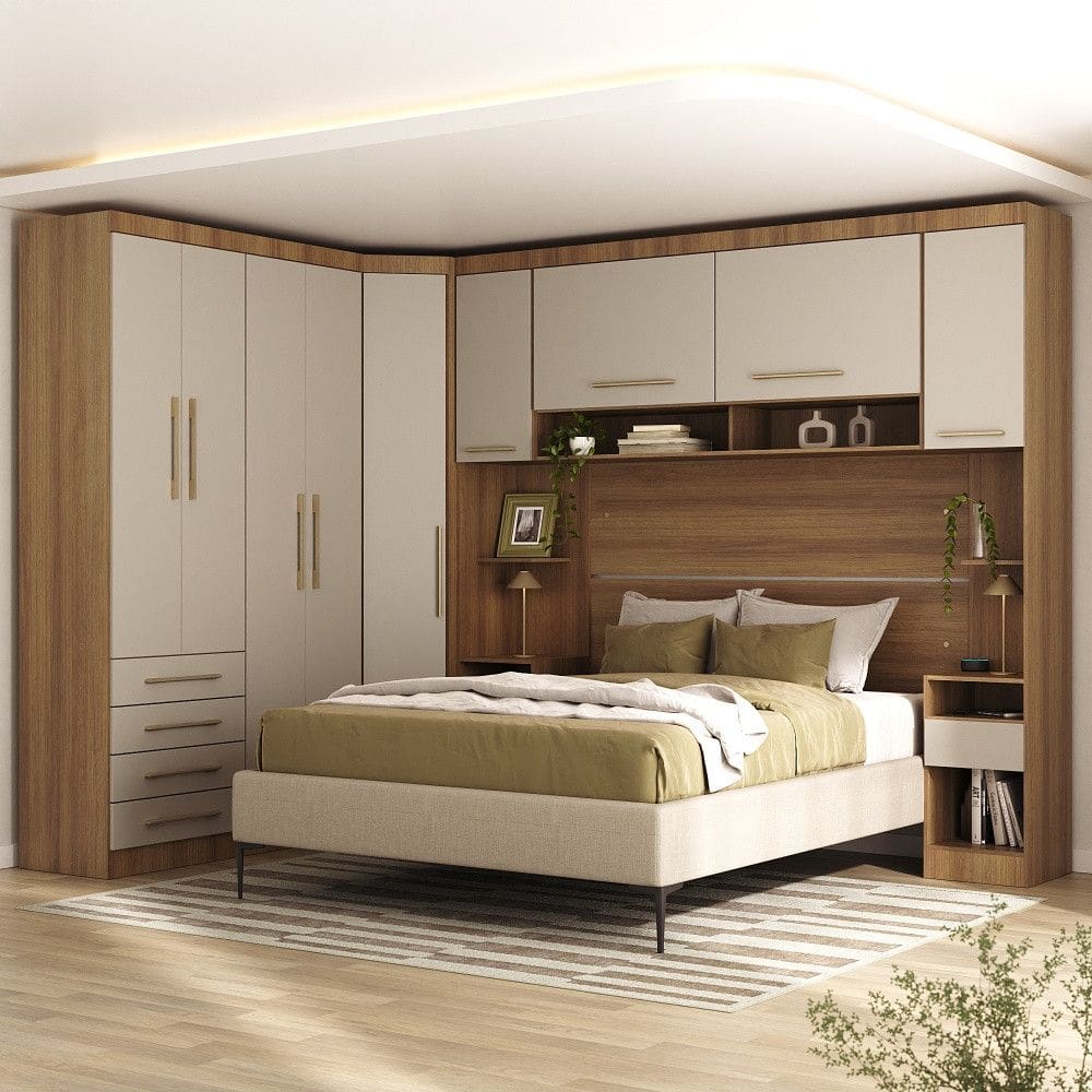 Quarto Modulado Queen de Canto com Guarda-roupas Maleiro e Cabeceira Paris Master Luciane Moveis