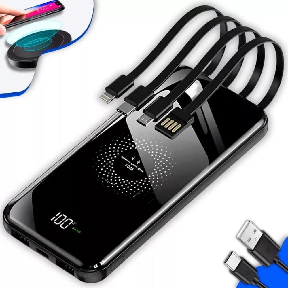 Power Bank 10000Mah 4 Cabos E Carregamento Sem Fio Led Cor
