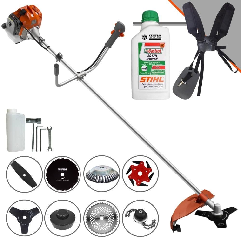 Roçadeira Tekna RL520ACG2 52cc 2HP + Facas 2 Pontas, 3 Pontas, 6 Pontas, 40 Dentes, 80 Dentes, Trimmer, Carretel, Escova de Aço + ÓLEO STIHL 2T