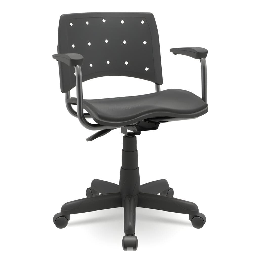 Cadeira Secretaria Giratoria Ergoplax Estofado Couro Preto Com Braço - Plaxmetal