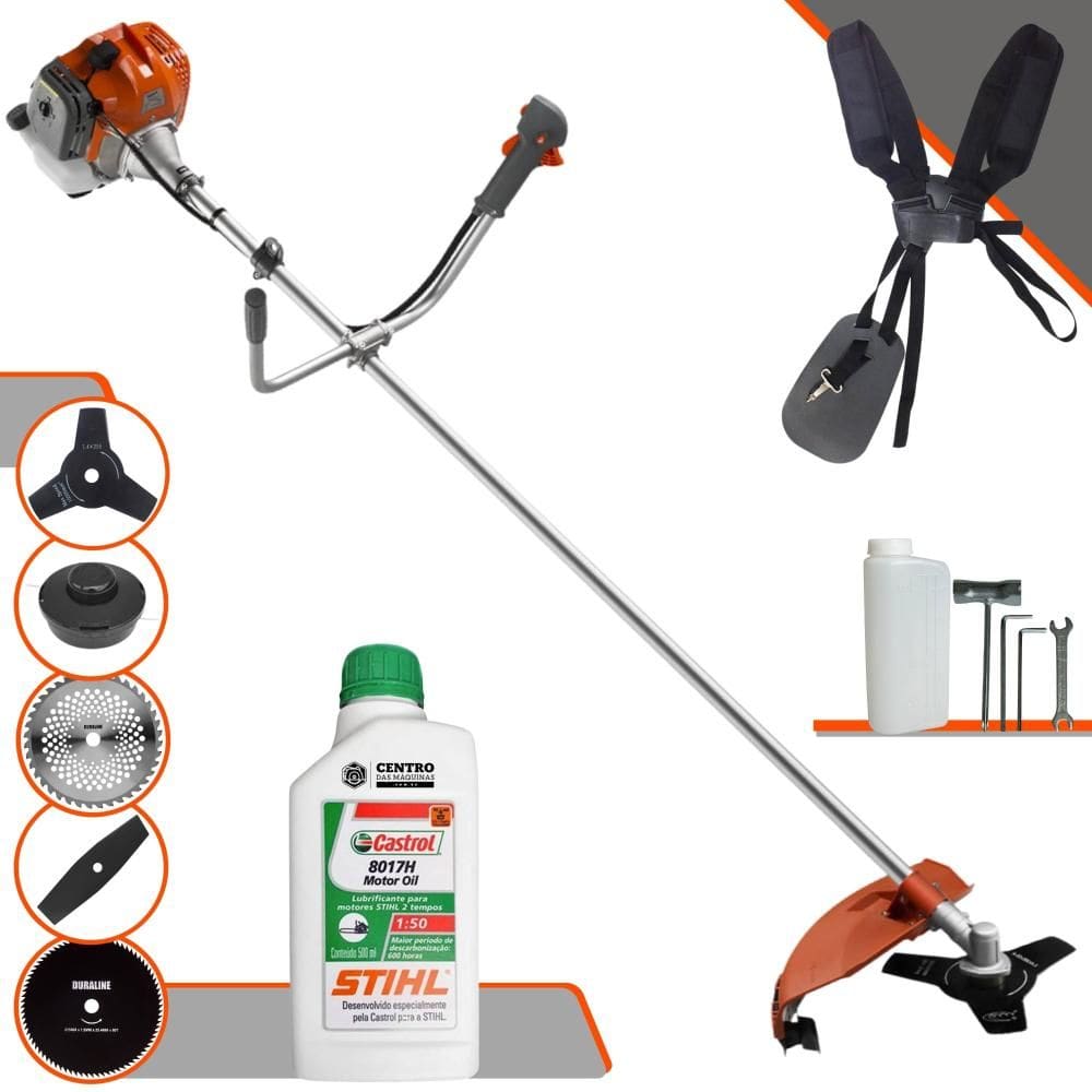 Roçadeira Cortador de Grama Lateral À Gasolina Tekna RL520ACG2 52cc 2HP Completa 5 em 1 Com Carretel + 4 Lâminas de Corte + ÓLEO STIHL 2 Tempos