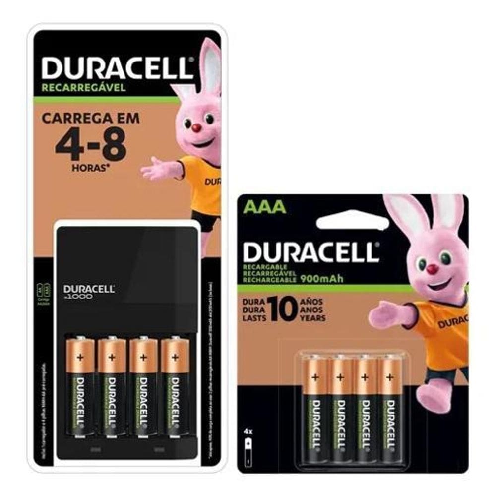 2X Carregador Duracell + 4 Pilhas Rec Aa + 4 Pilhas Aaa Rec