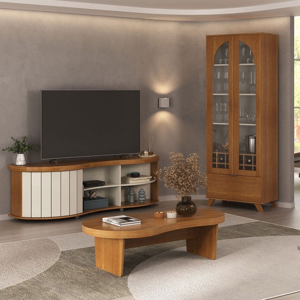 Sala de Estar Completa para TV Até 75 Polegadas com Cristaleira e Mesa de Centro Magnum Cinamomo/Off White - Pnr Móveis