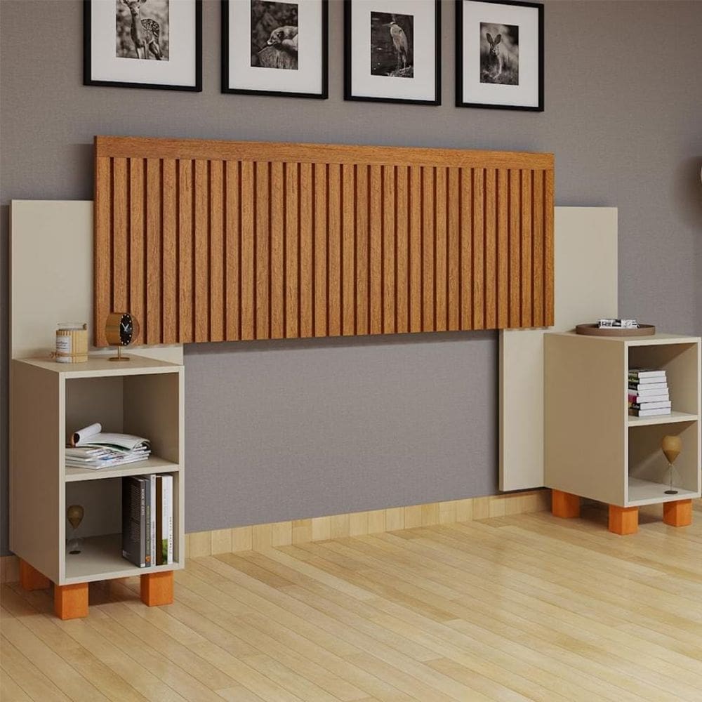 Cabeceira Box Mumbai Ripada Ajustável com Nicho Extensível para Cama Casal/queen Off White/naturale