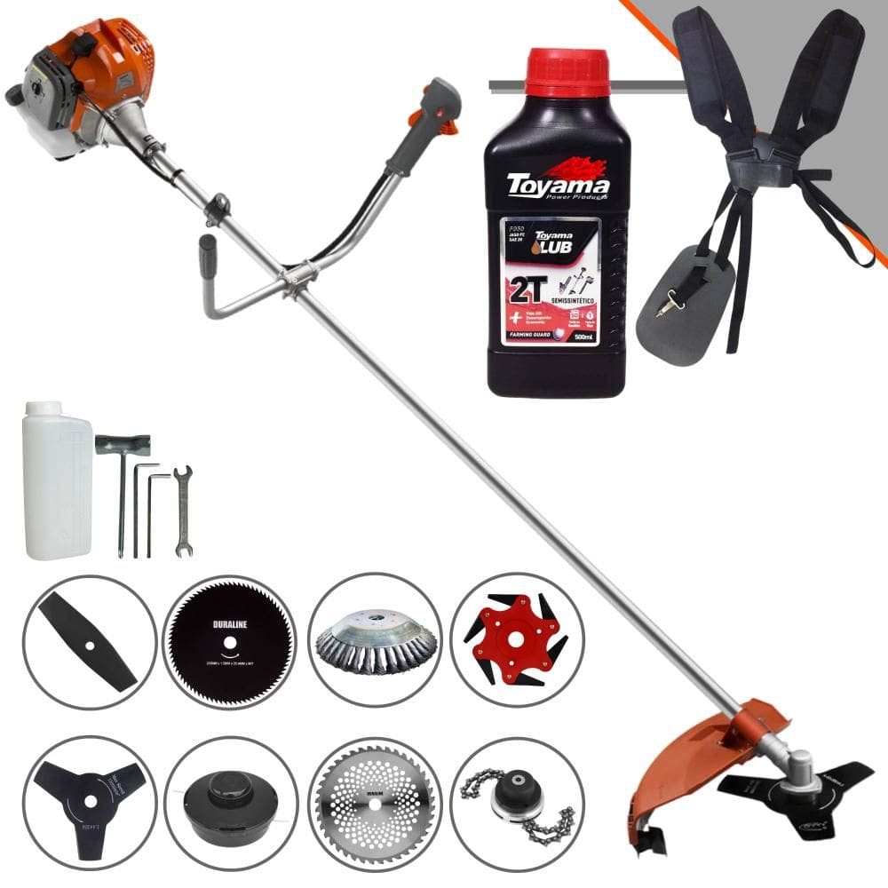 Roçadeira Profissional Tekna RL520AC-G2 À Gasolina 52cc Para Todos os Tipos de Trabalho Com Carretel Nylon + Kit 7 Lâminas de Cortes + ÓLEO TOYAMA