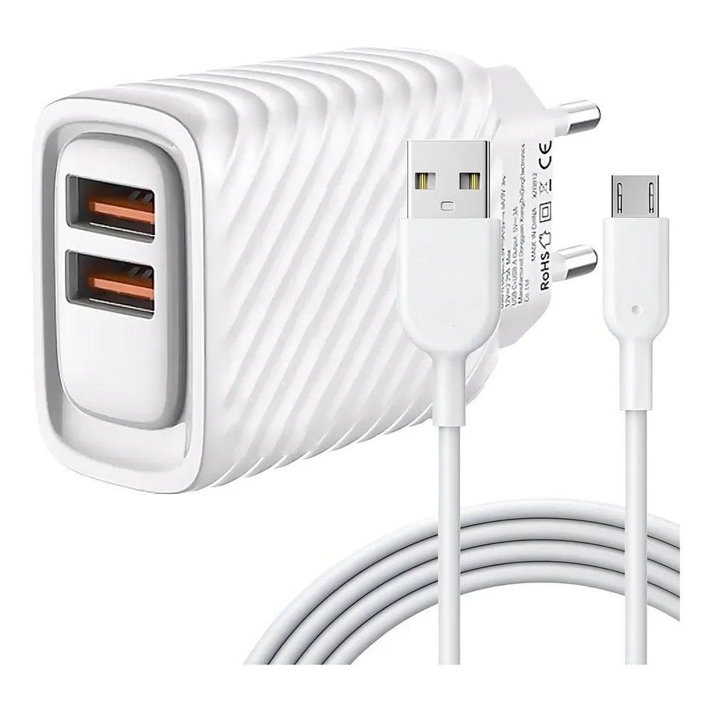 2X Fonte Carregador Rápido 2 Usb 3.1A Inova + Cabo Micro-Usb