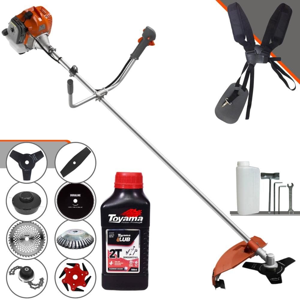 Roçadeira Robusta Tekna RL520ACG2 À Gasolina 2T 52cc 2HP 13.000rpm Multifunções Completa Com Carretel de Nylon + 7 Lâminas de Corte + ÓLEO TOYAMA