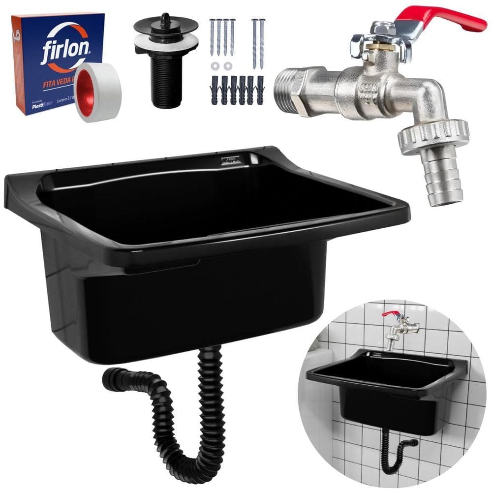 Tanque Plástico 40L + Torneira + Sifão Sanfonado+ Veda Rosca