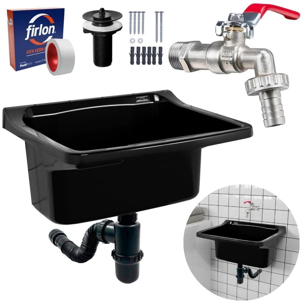 Tanque Plástico 40L + Torneira + Sifão Copo + Veda Rosca