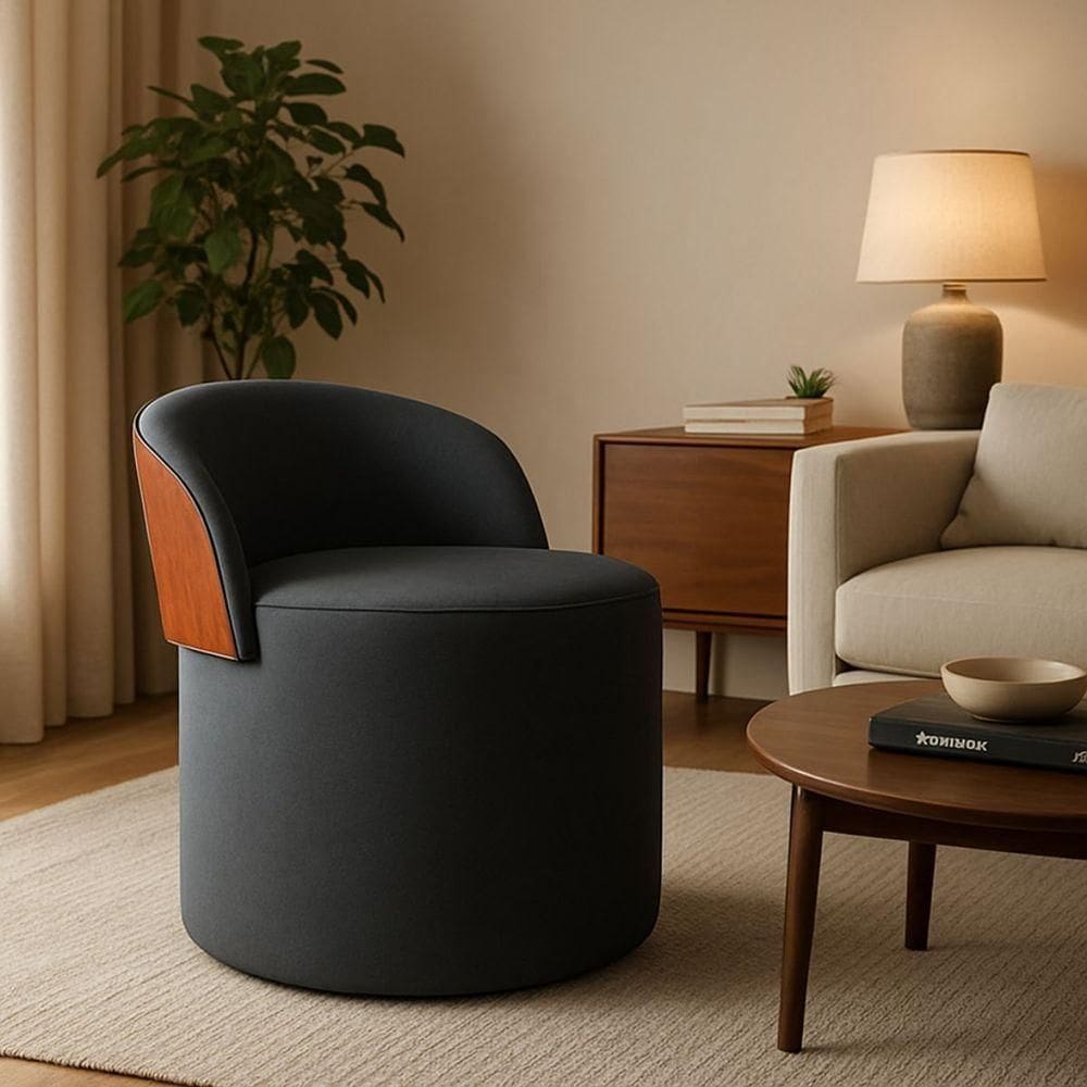 Puff Encosto Corino Suede Redondo Confortável Sala Moderno Cinza Escuro