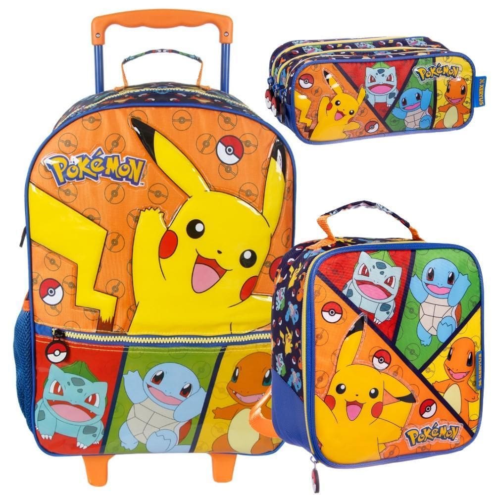 Kit Mochila Rodinhas Lancheira Estojo Triplo Pokemon Xeryus