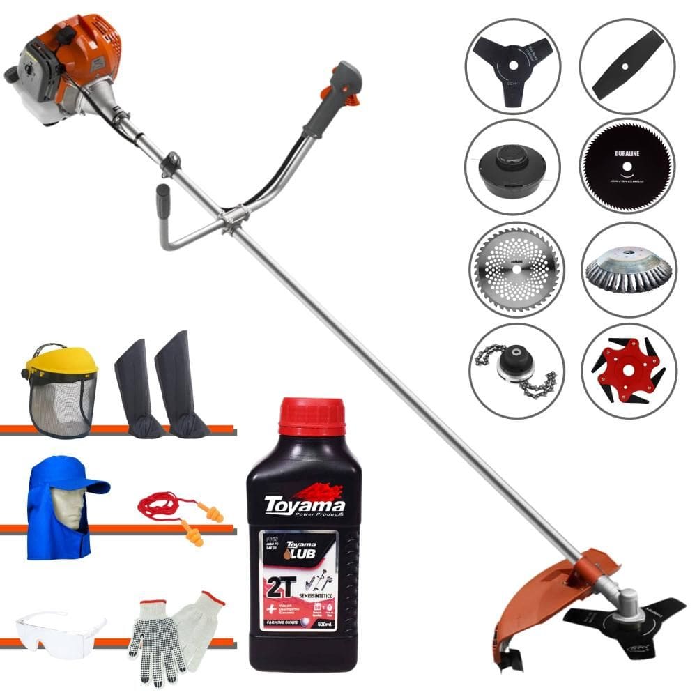 Roçadeira RL520ACNTK Tekna 52cc Com Carretel + Facas 2 Pontas, 3 Pontas, 6 Pontas, 40 Dentes, 80 Dentes, Trimmer e Escova de Aço + EPI + ÓLEO TOYAMA