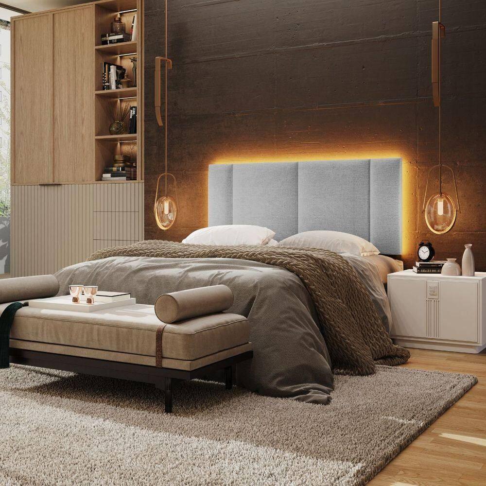 Cabeceira Estofada Cama Box Casal Com Led Star 140 Cm Bivolt Linho Cinza