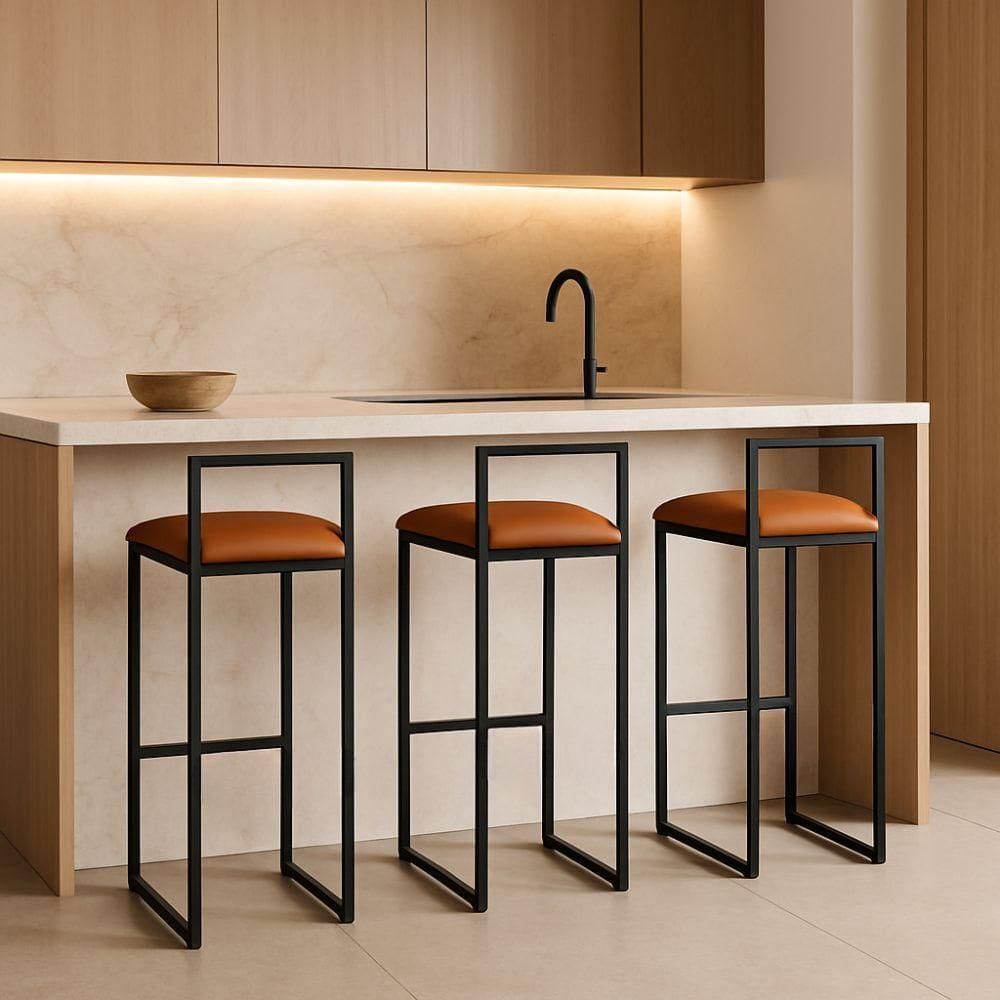 Kit 3 Banquetas Corino Ferro Cozinha Balcão Alta Bistro Caramelo