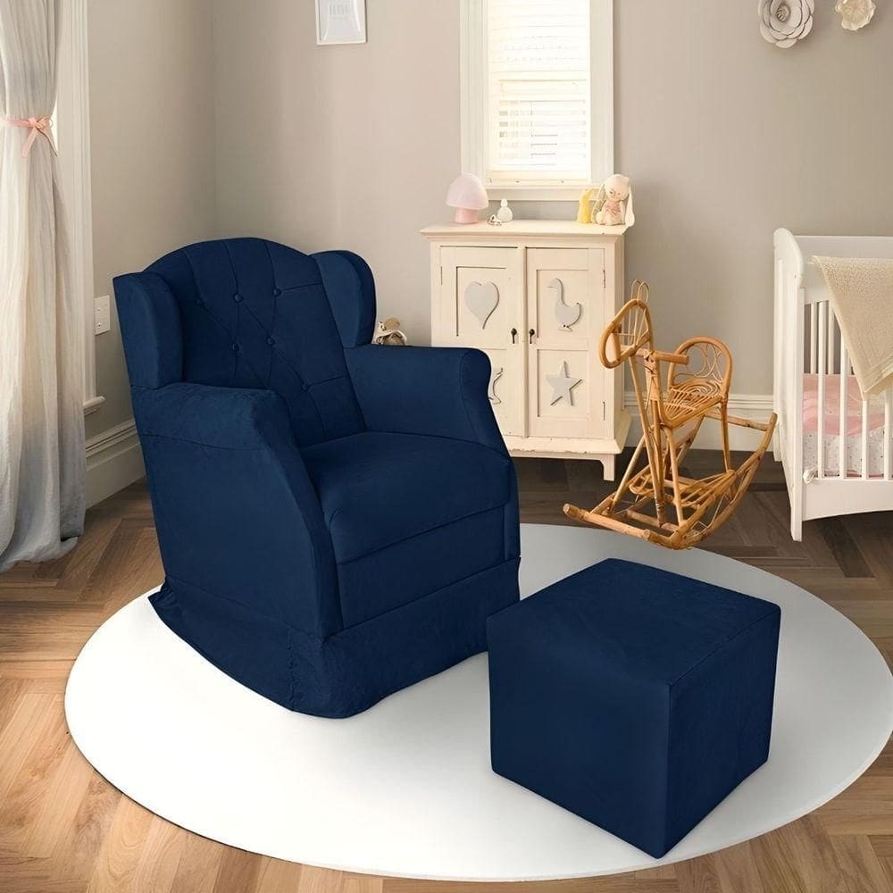 Poltrona Decorativa Amamentação Balanço E Puff Bebê Suede Azul Marinho