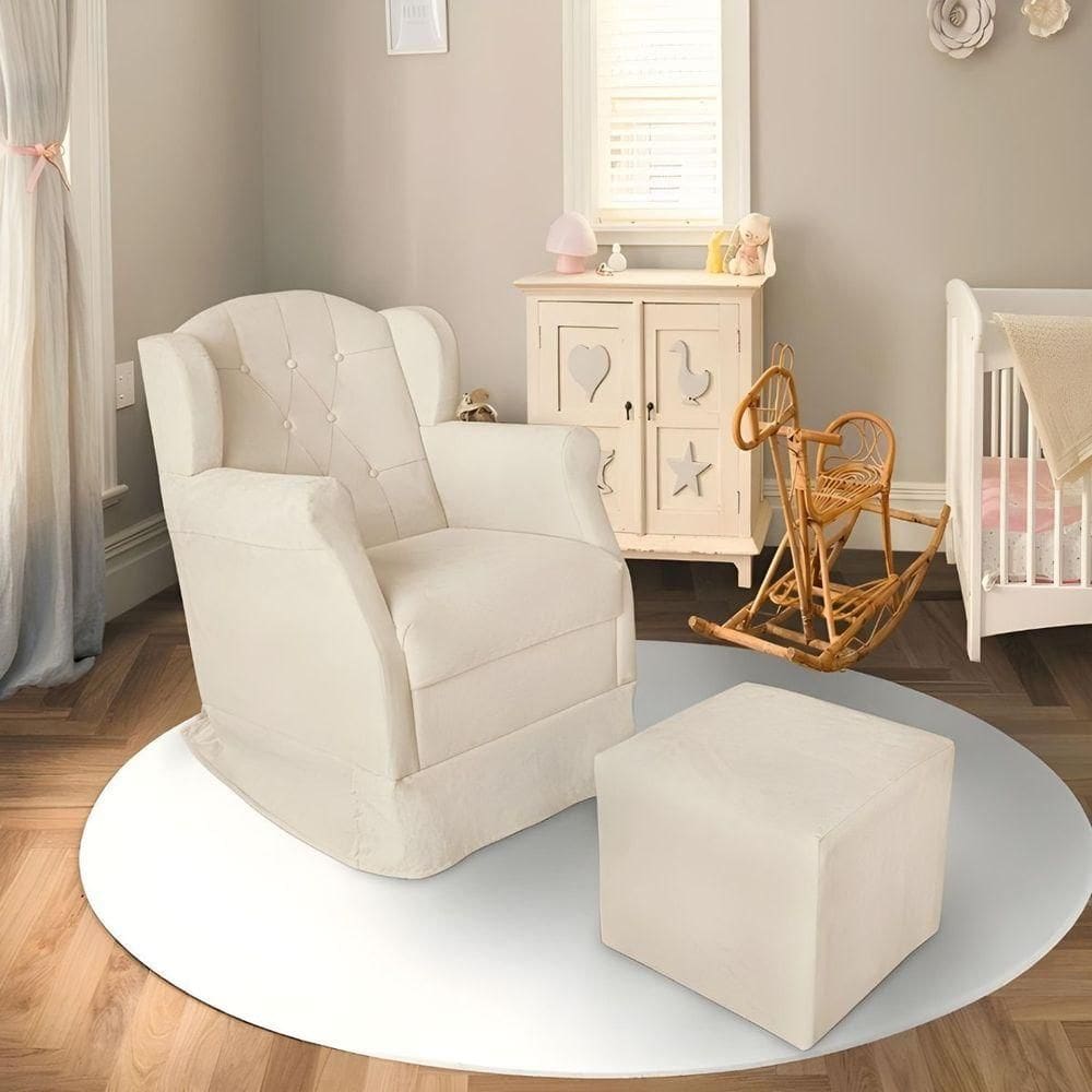Poltrona Decorativa Amamentação Balanço E Puff Bebê Suede Bege
