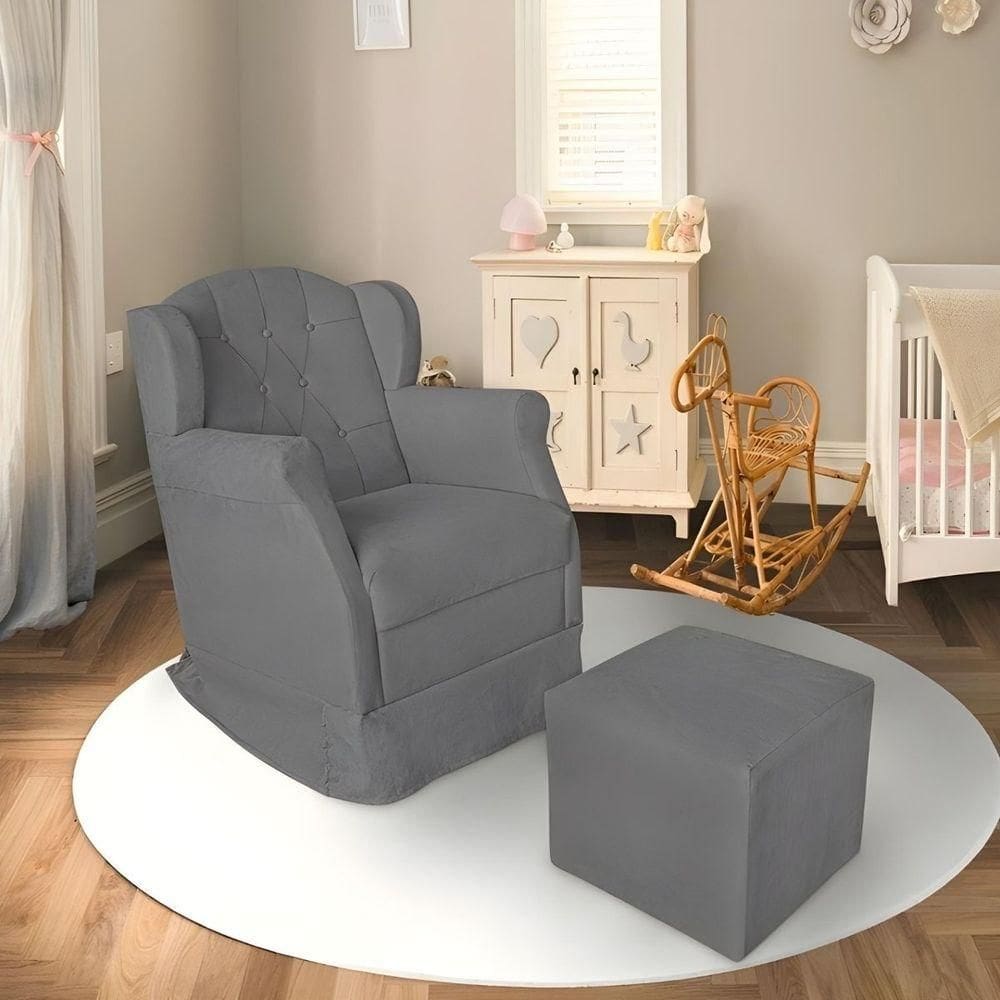 Poltrona Decorativa Amamentação Balanço E Puff Bebê Suede Cinza