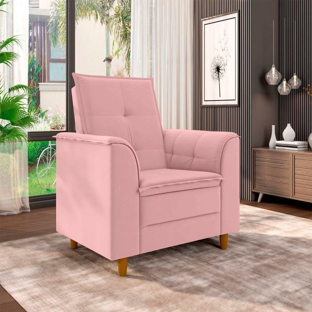 Poltrona Para Sala Confortável Decorativa Londres Suede Rosa