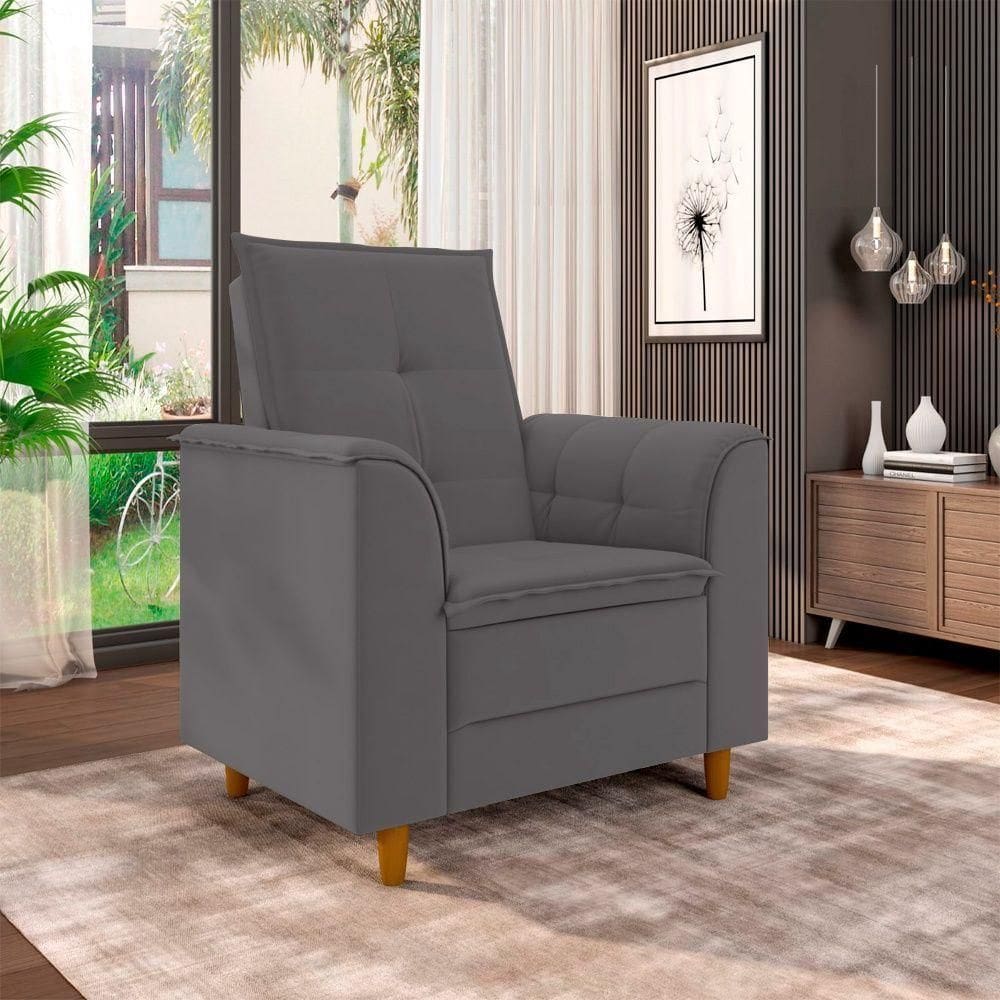 Poltrona Para Sala Confortável Decorativa Londres Suede Cinza