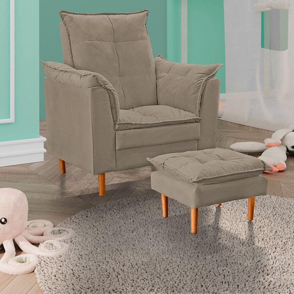 Poltrona De Amamentação Loana Com Puff Suede Bege Escuro