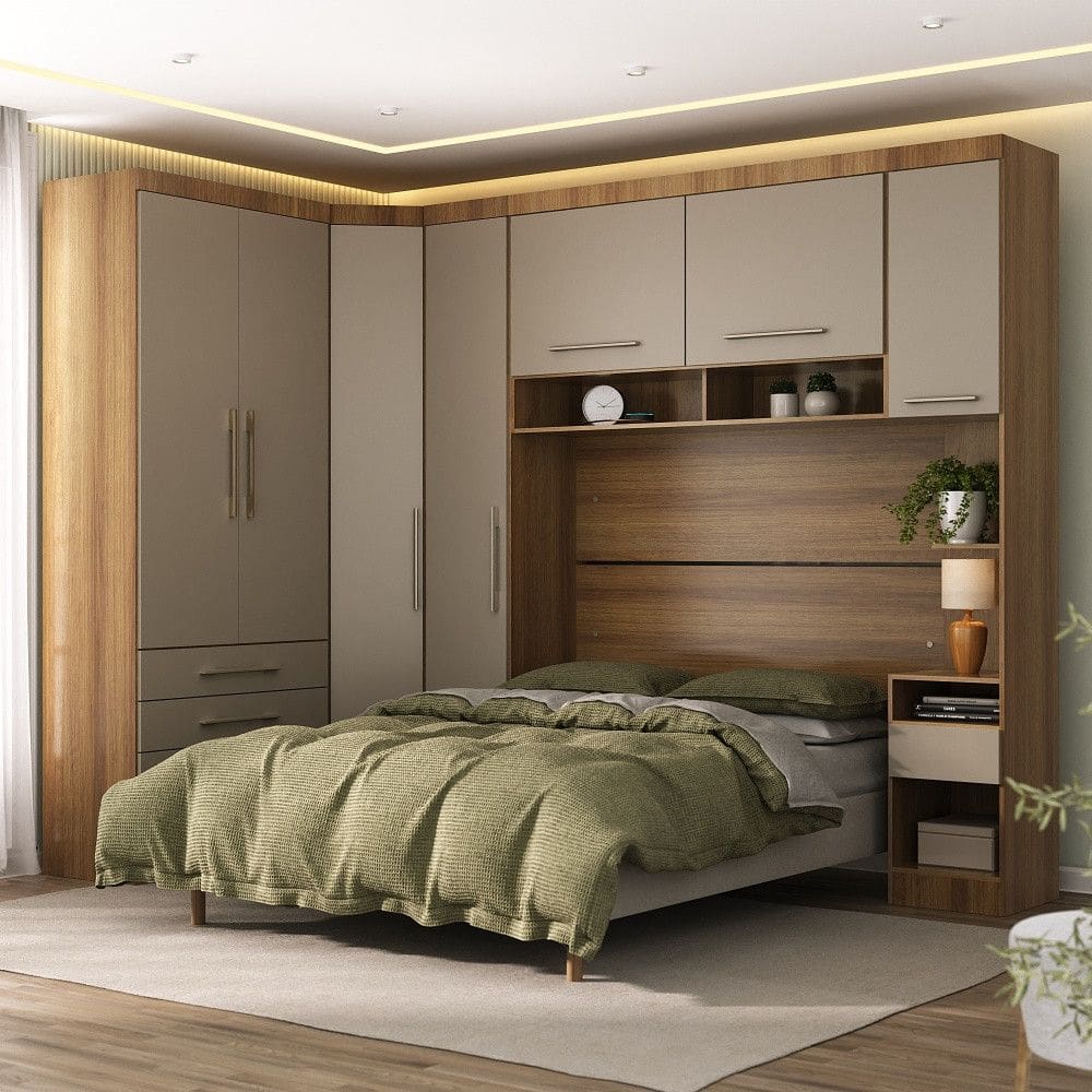 Quarto Modulado Queen de Canto com Guarda-roupas Maleiro e Cabeceira Paris Master Luciane Moveis