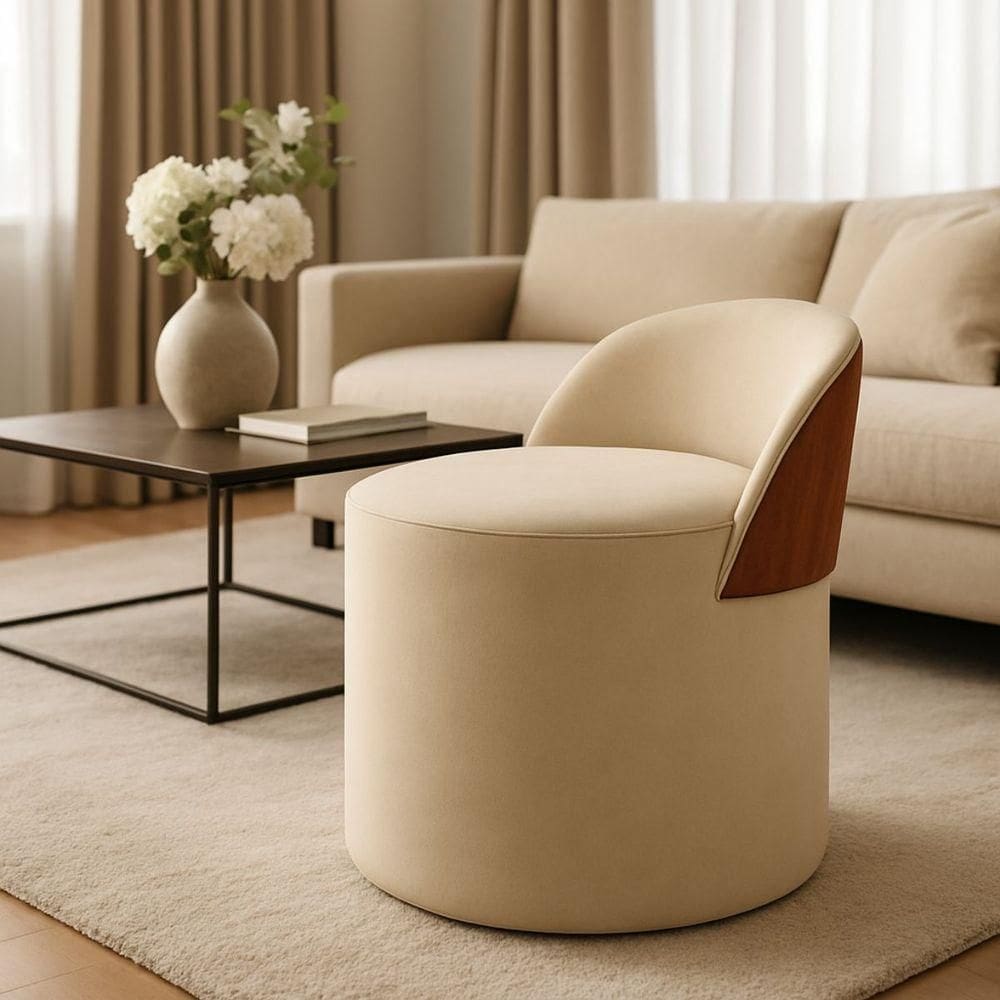 Puff Encosto Corino Redondo Suede Sala Penteadeira Quarto Cor:bege