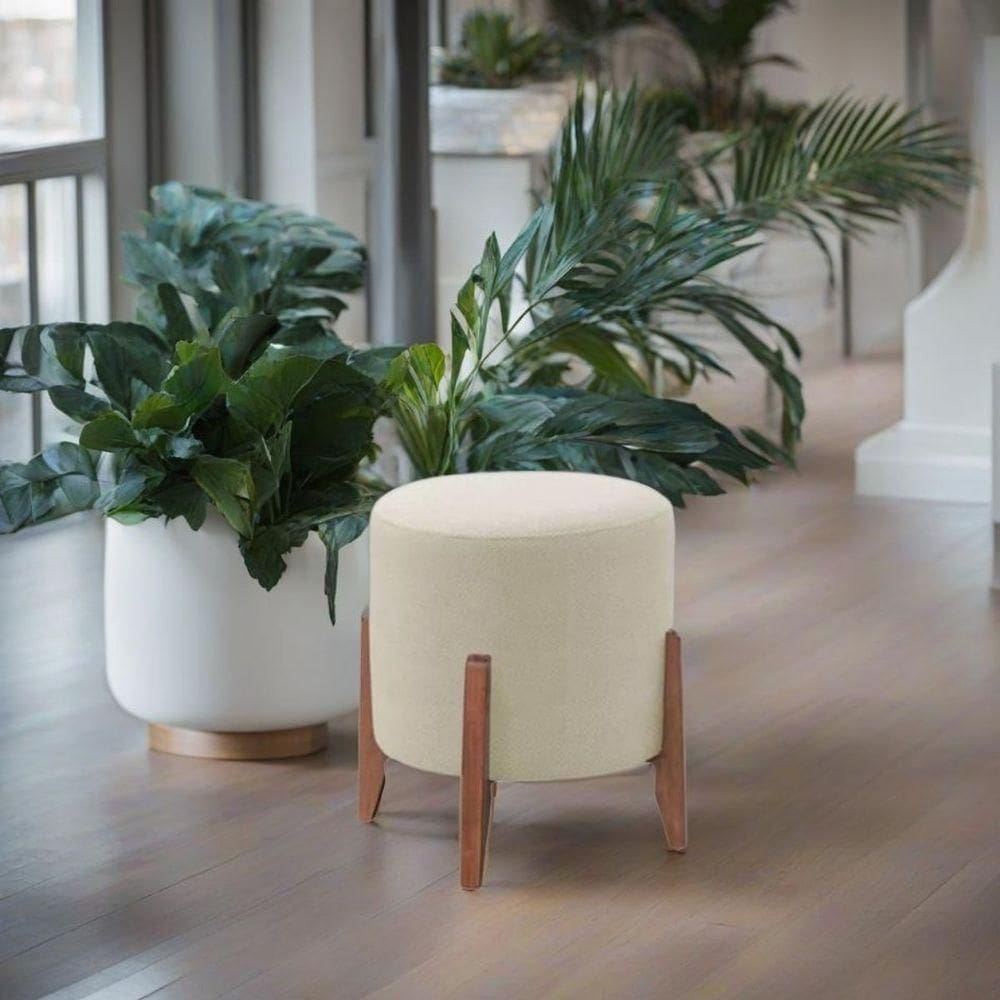 Puff Estofado Decorativo Sala Redondo Luxo Londres Linho marfim