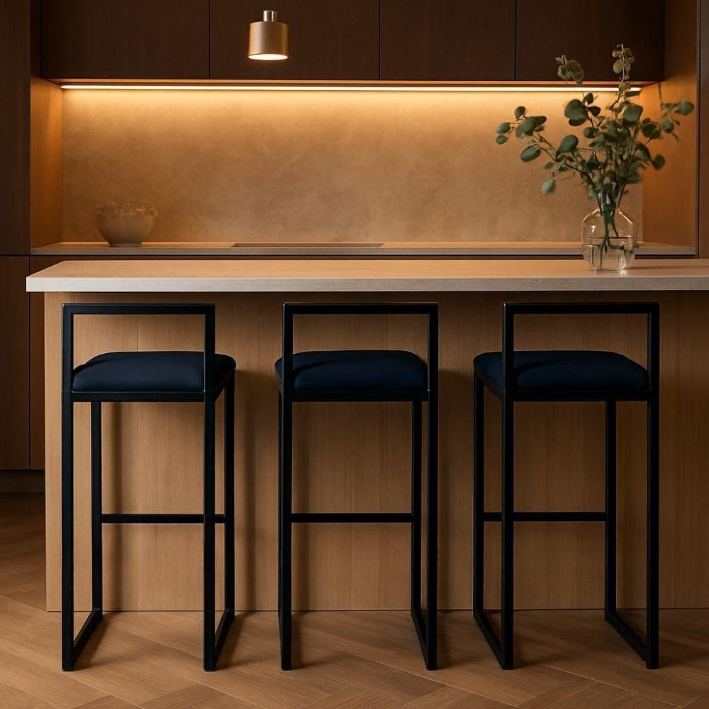 Kit 3 Banquetas Corino Ferro Cozinha Balcão Alta Bistro Azul Marinho