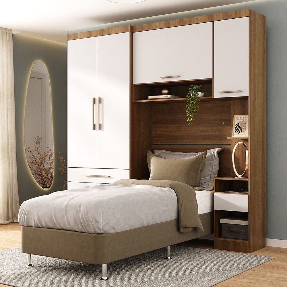 Quarto Modulado Solteiro com Guarda-roupas Maleiro e Cabeceira Paris Master Luciane Moveis