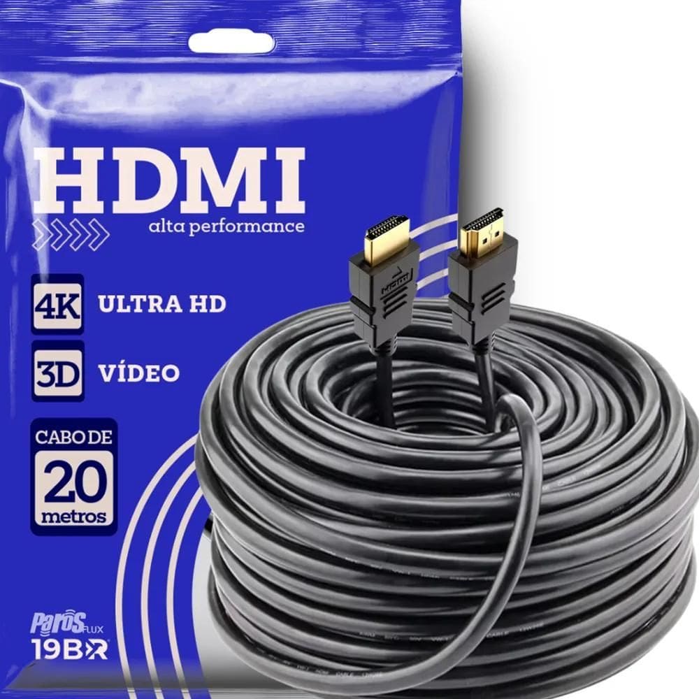 2X Cabo Hdmi 20M Metros Preto Premium 4K Blindado Gold 3D Fu
