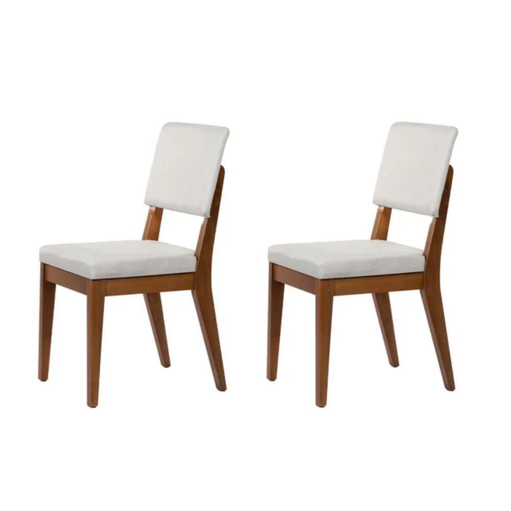 Kit 2 Cadeiras de Madeira Maciça Estofada Ella - Natural c/ Linho Off White