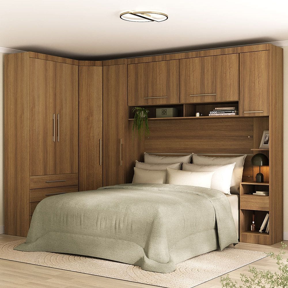 Quarto Modulado Casal de Canto com Guarda-roupas Maleiro e Cabeceira Paris Master Luciane Moveis