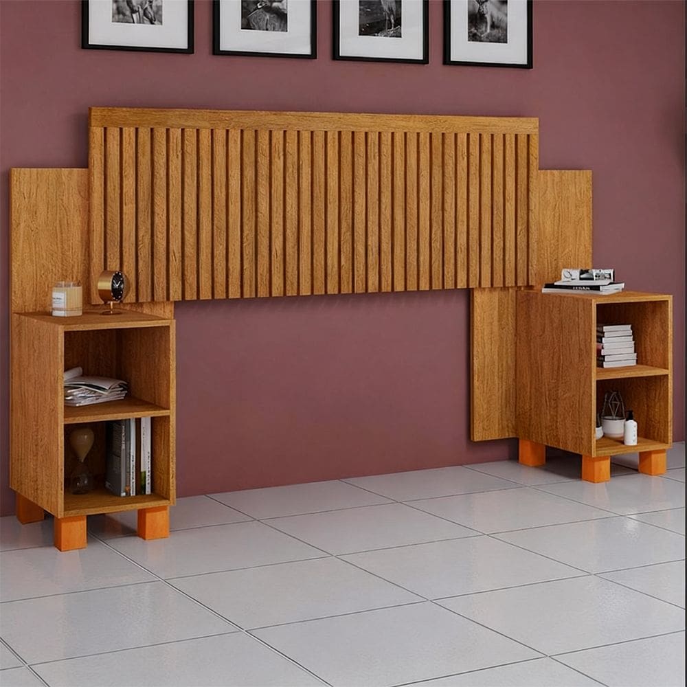 Cabeceira Box Mumbai Ripada Mdf Reforçado Ajustável para Casal e Queen com Nicho - Naturale