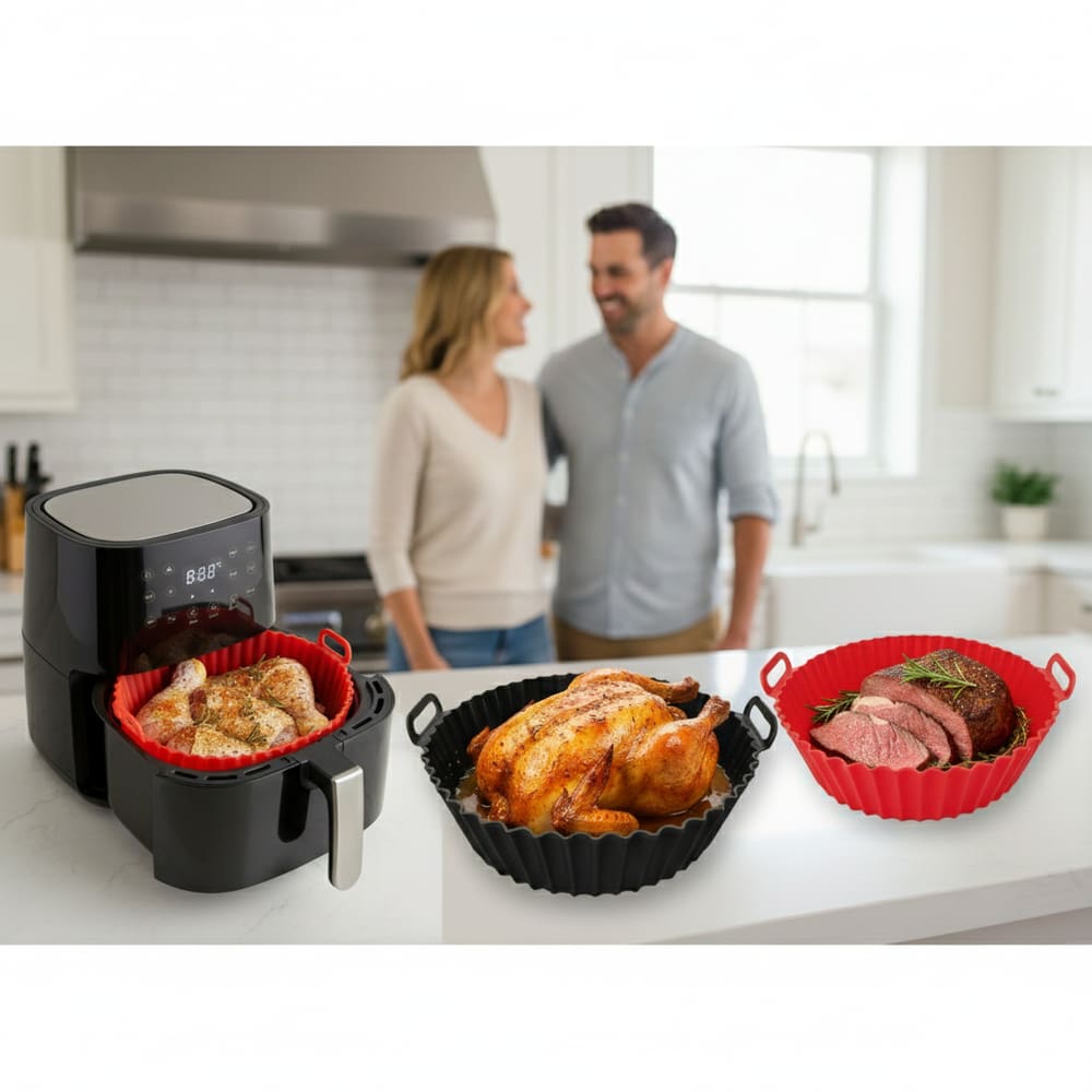 Kit 2 Forma de Silicone Antiaderente Cesto para Air Fryer com Alça Preto e Vermelho