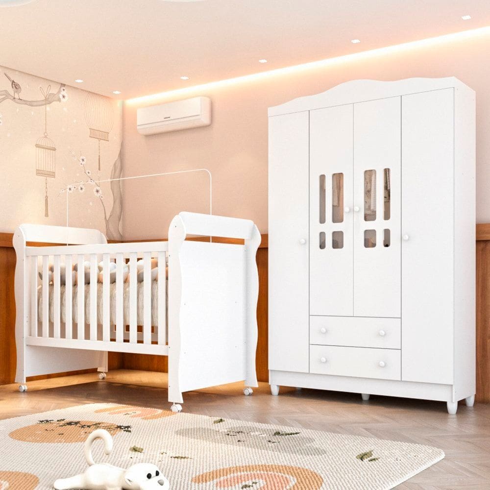 Quarto de Bebê Completo Berço Mini Cama e Guarda-roupa 4 Portas Mirelle Branco