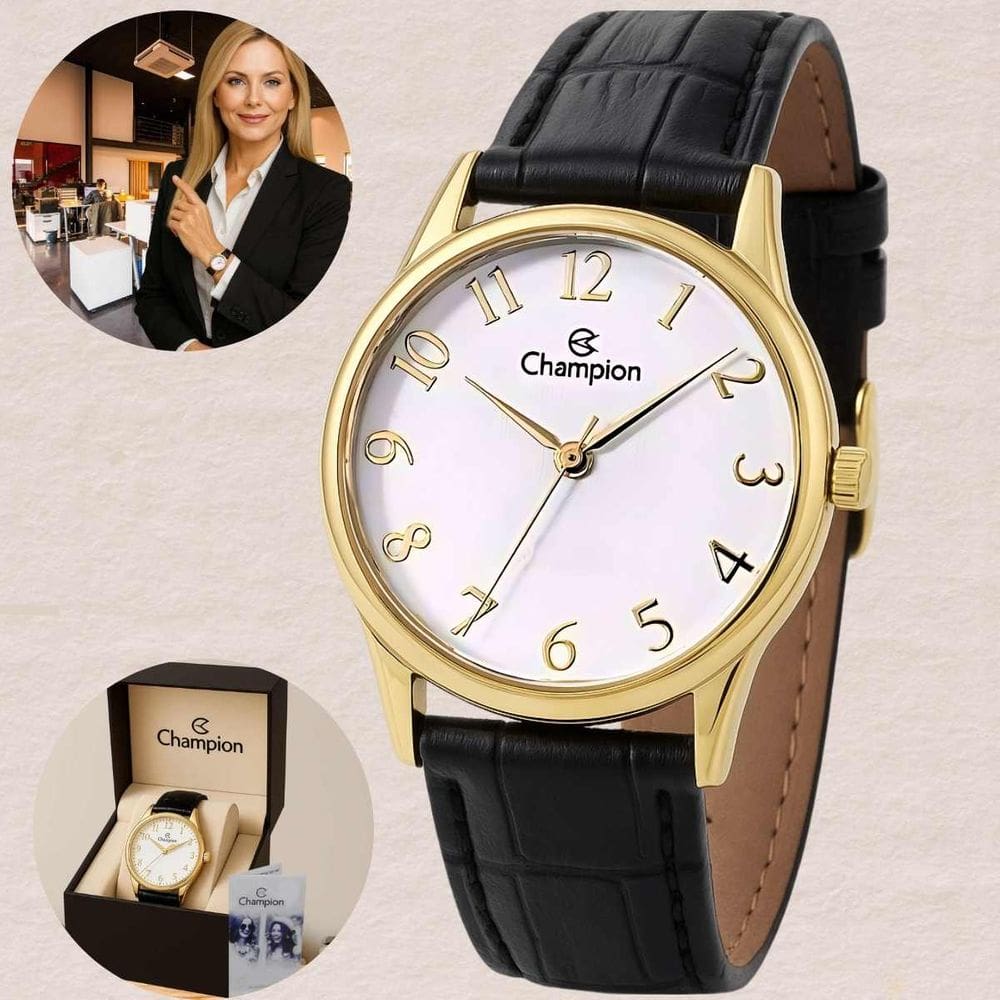 Relogio Champion Feminino Dourado CH24660B Analogico Pulseira Couro Preto Mostrador Branco Resistente Agua 50m