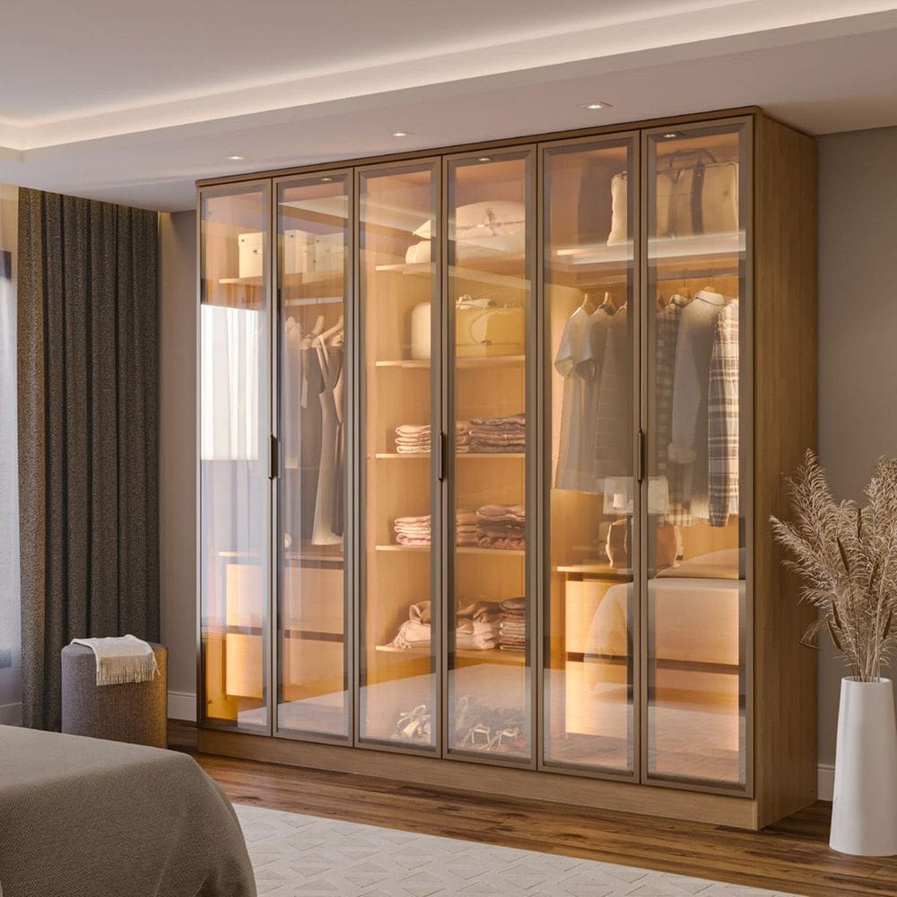 Guarda-roupa 6 Portas Reflecta com Led 100% Mdf Orion CabeCasa MadeiraOriginals Olmo