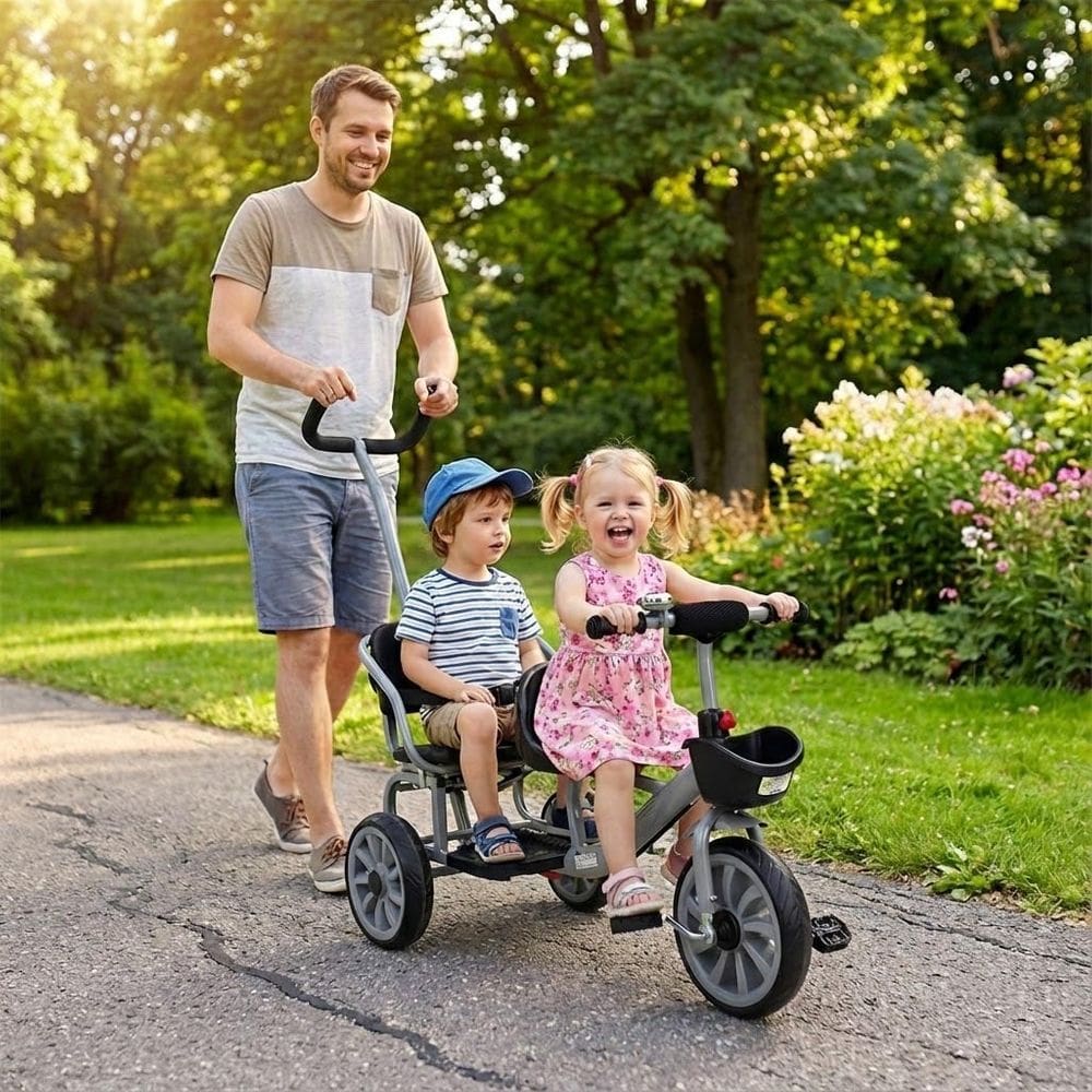 Triciclo Duplo Infantil 2 Lugares com Empurrador Tipo Carrinho Bicicleta Passeio Cesto Campainha e Haste Guia